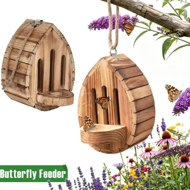 Wooden Butterfly House Habitat Feeder for Outside Garden Hanging