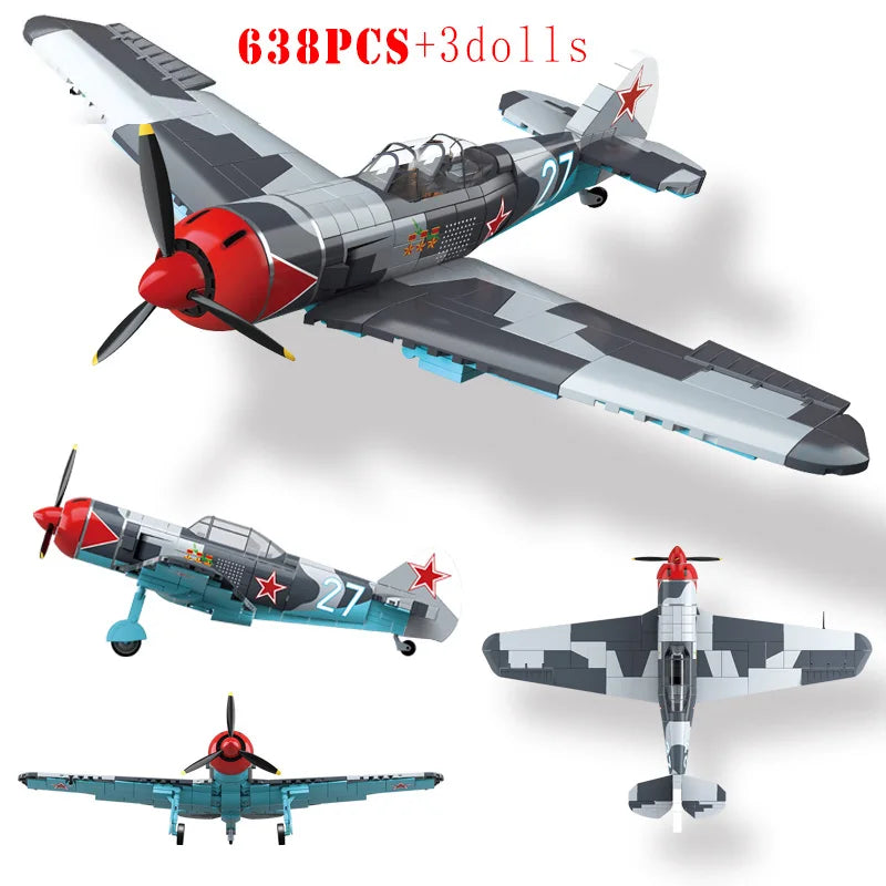 WW2 Fighter Plane Building Blocks Yak-1B La-7 P-51 Spitfire Bf-109E Toy Set