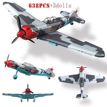 WW2 Fighter Plane Building Blocks Yak-1B La-7 P-51 Spitfire Bf-109E Toy Set