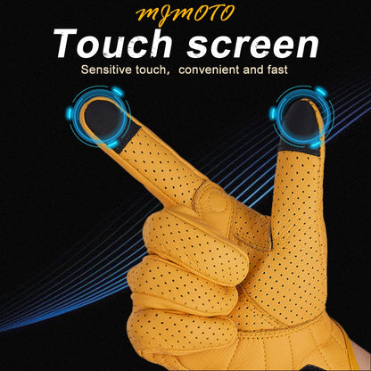 Retro Yellow Leather Motorcycle Gloves Men Women Breathable Perforated Motorbike Racing Gloves Touch Screen Motocross Moto Glove-EXPROTAS