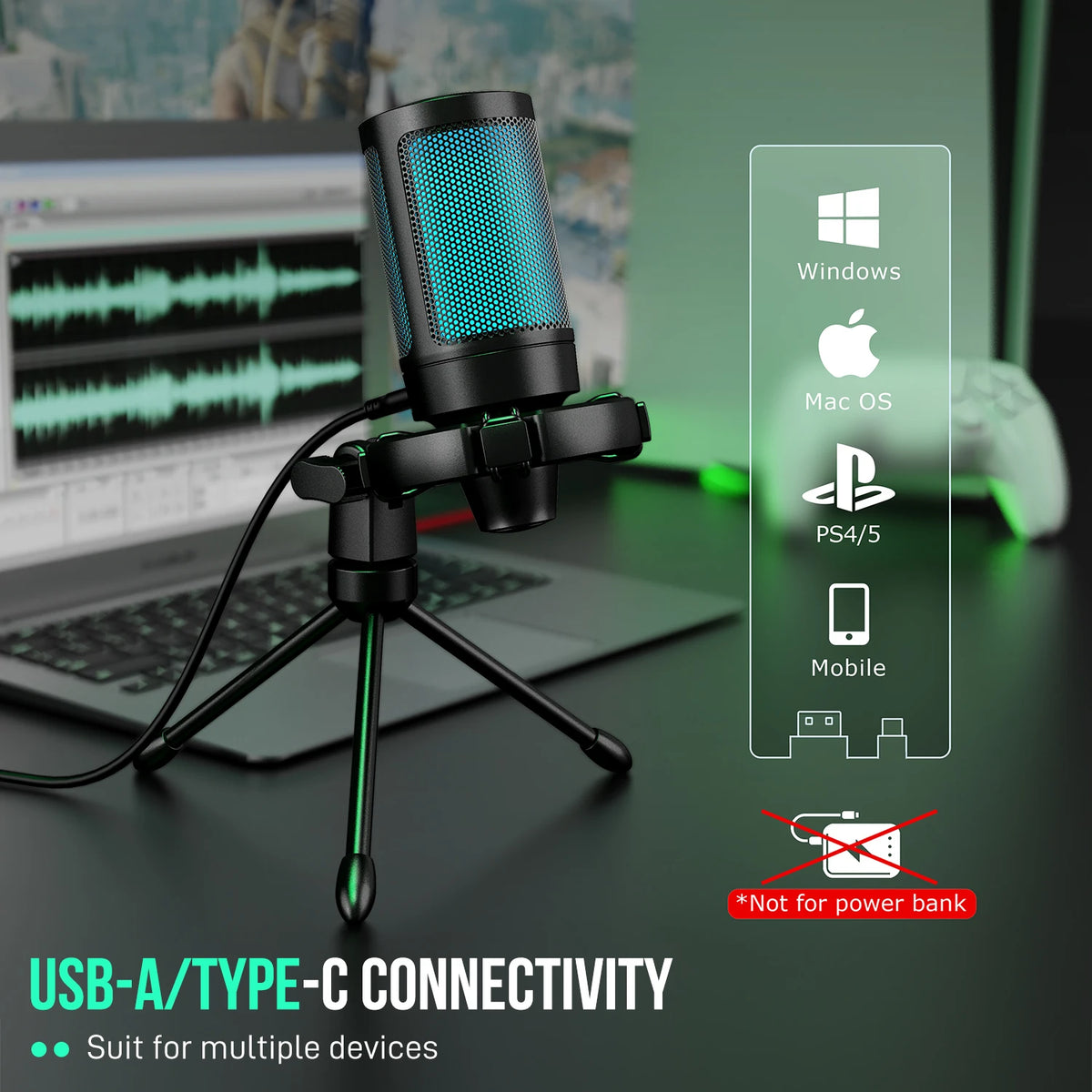 USB Gaming Microphone Condenser Mic for PC PS4/5 Streaming RGB