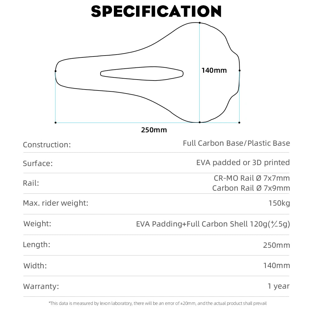 RYET Carbon Fiber Bike Saddle | 250×140mm 120g 3D Printed Road/Gravel Seat