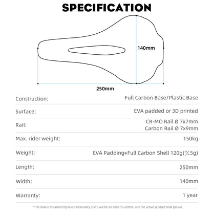 RYET Carbon Fiber Bike Saddle | 250×140mm 120g 3D Printed Road/Gravel Seat
