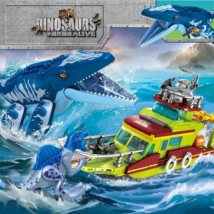 Jurassic Ocean Escape Ship Building Blocks MOC Mosasaurus Dinosaur Brick Set