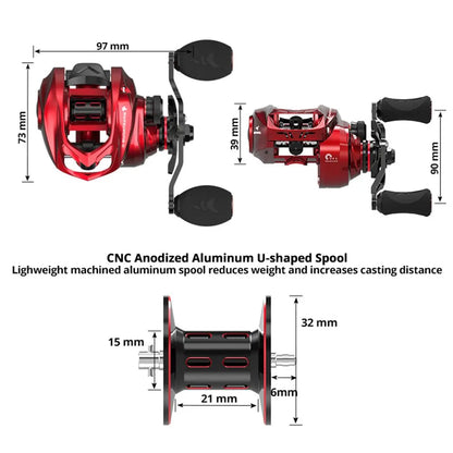 Red Baitcasting Reel KastKing Spartacus II 8kg Drag 7+1BB Fishing Reel