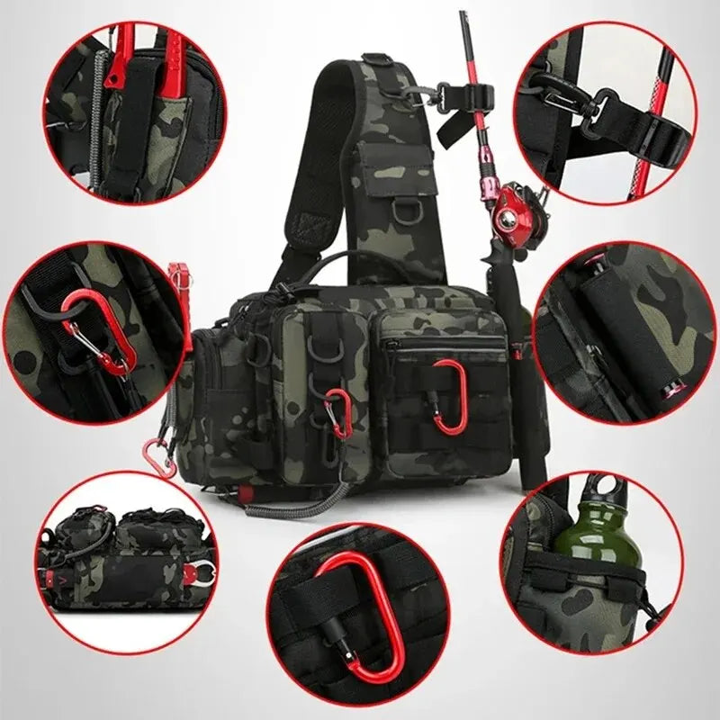 Fishing Tackle Backpack Lure Box Gear Storage Bag Fanny Pack for Men Fly Fishing Backpack with Rod Holder Sling Shoulder Bag-EXPROTAS
