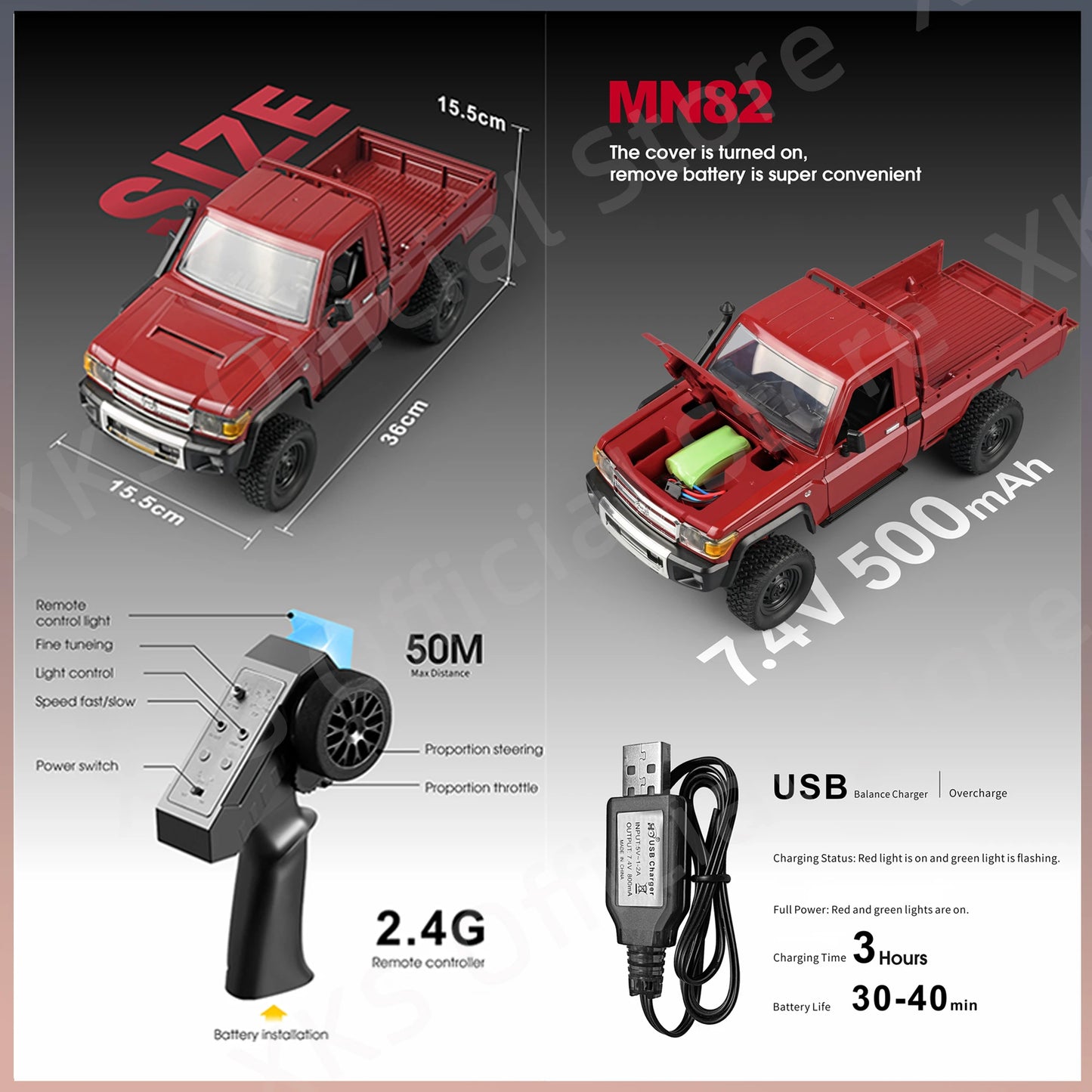 Mn82 Rc Car 1:12 Full Scale 2.4G 4WD 280 Motor Remote Control Off-Road Pickup Truck Model Car for Boys Adult Gifts-EXPROTAS