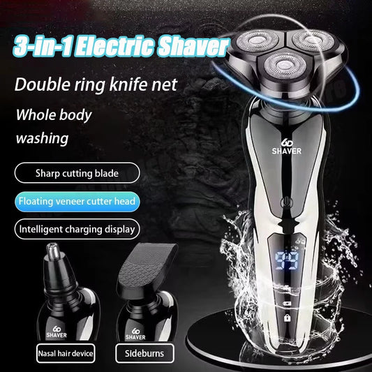 New Shaver LCD Electric Razor 3-in-1 Beard Trimmer Nose Hair Cutter Wet Dry Use