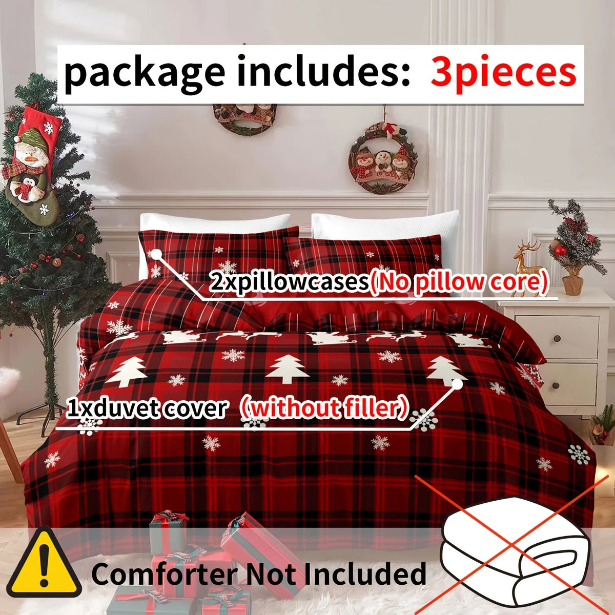 3-Piece Christmas Duvet Cover Set Reversible Bedding Quilt Double King Size