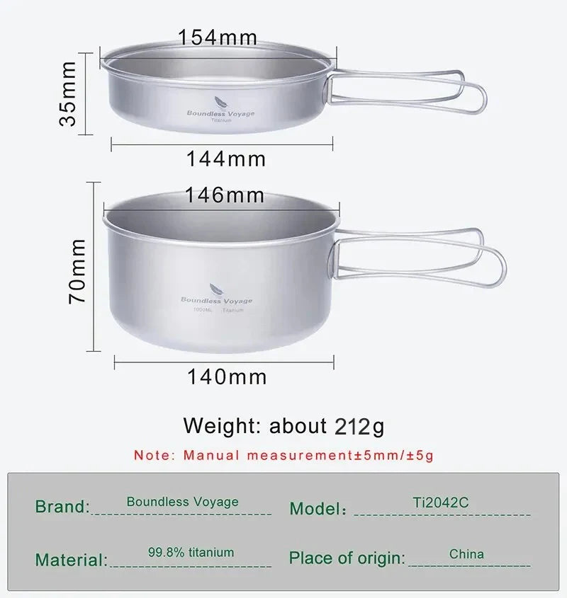 Boundless Voyage Titanium Pot Pan Set with Folding Handles Camping Cookware Hiking Outdoor Tableware-EXPROTAS
