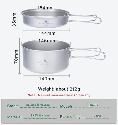 Boundless Voyage Titanium Pot Pan Set with Folding Handles Camping Cookware Hiking Outdoor Tableware-EXPROTAS