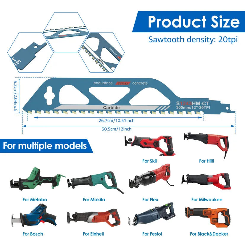 12" Demolition Reciprocating Saw Blade Masonry Brick Wood Metal Cutter