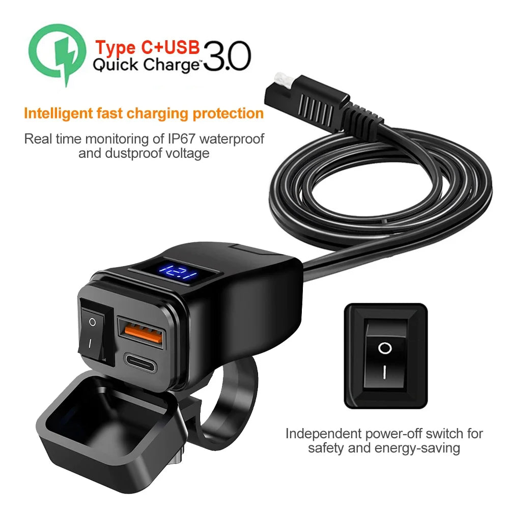 Dual USB Socket Motorcycle Charger 60W Waterproof PD QC3.0 Voltmeter Handlebar