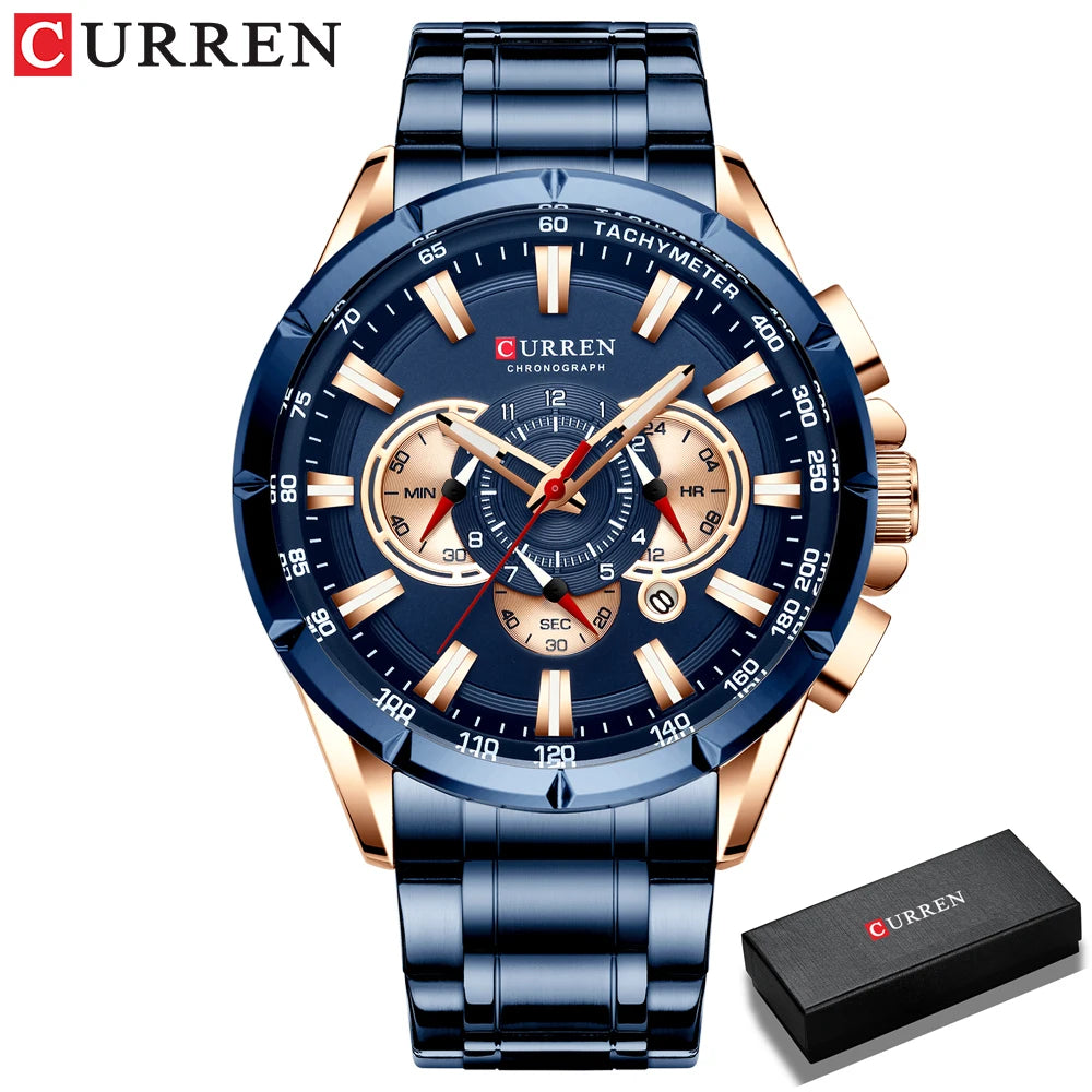 Stainless Steel Curren Mens Quartz Watch Luminous Waterproof Big Dial