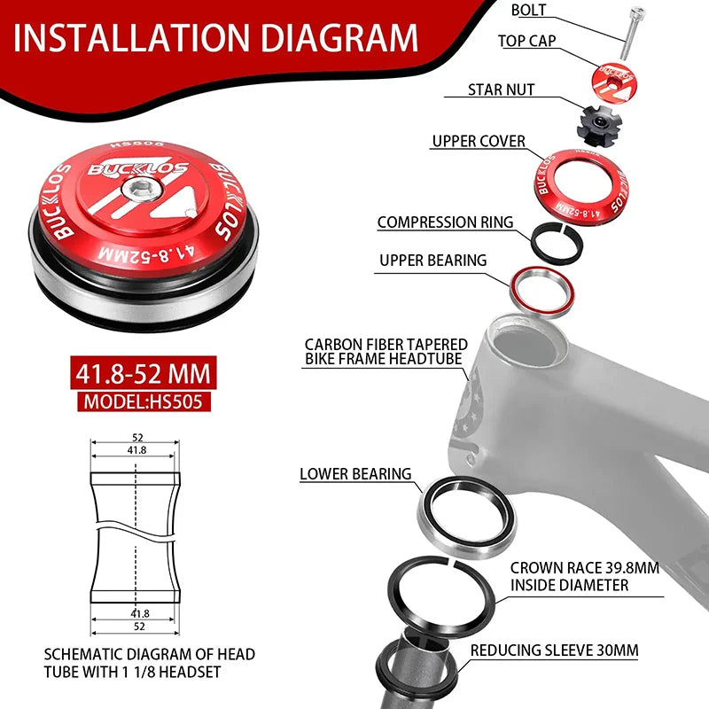 Bike Headset 1-1/8" Sealed Bearing 34/44/50.6/52/55/56mm MTB Fork