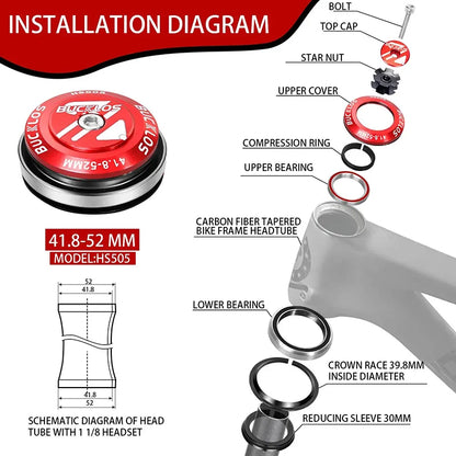 Bike Headset 1-1/8" Sealed Bearing 34/44/50.6/52/55/56mm MTB Fork