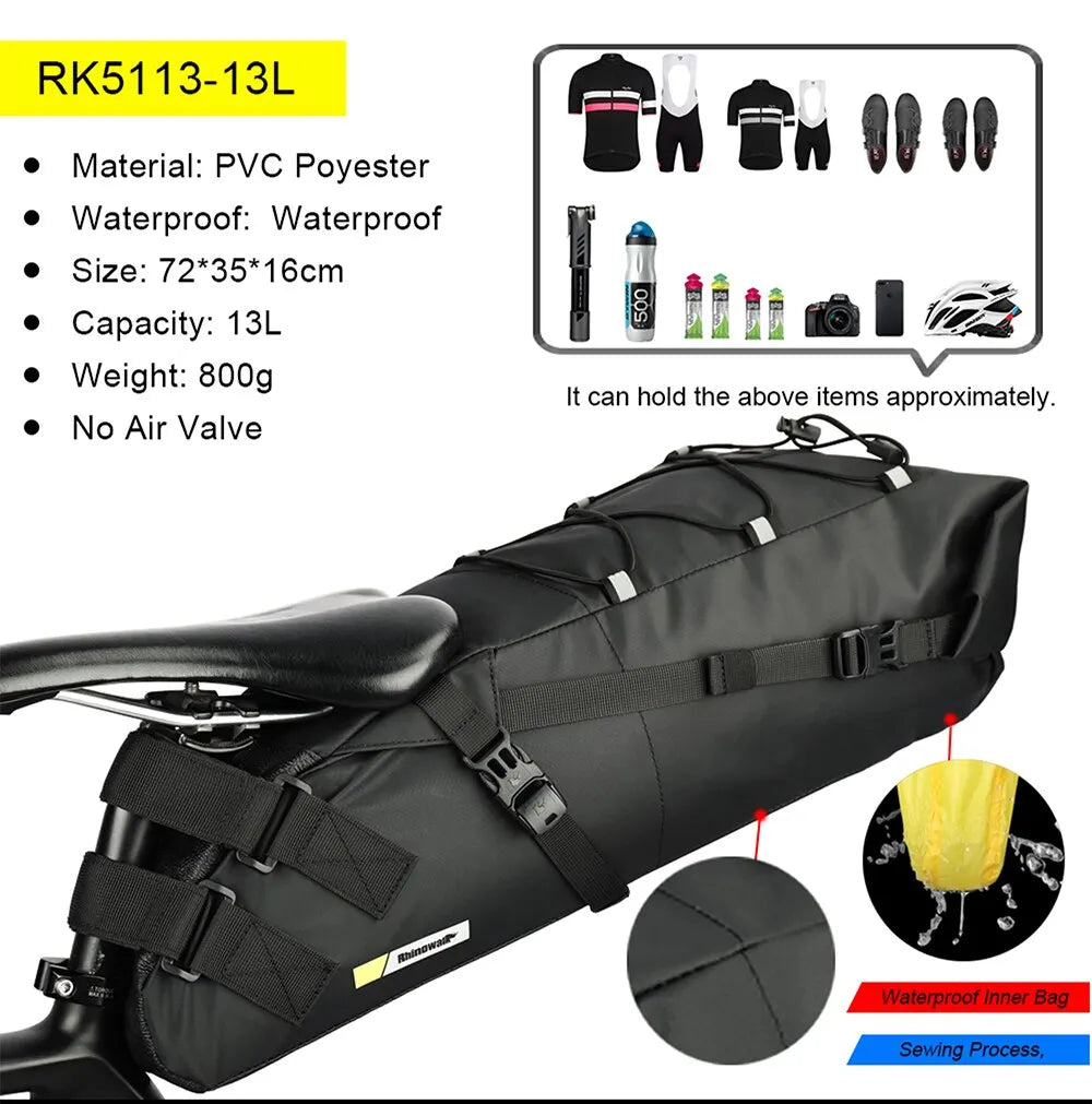 Rhinowalk Bike Saddle Bag Waterproof MTB Road Bicycle 13L Large Capacity Cycling Bag Foldabe Tail Rear Bag Trunk Accessories-EXPROTAS