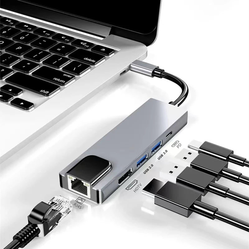 5-in-1 USB-C Hub Adapter 4K HDMI RJ45 SD/TF Card Reader PD for MacBook PC