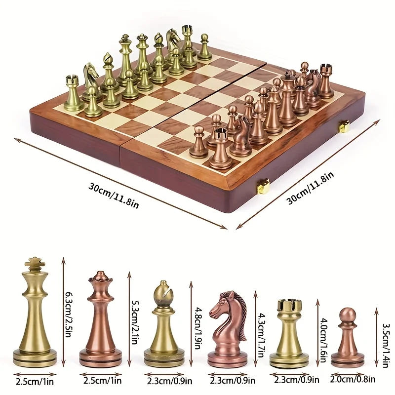 Large Metal Deluxe Chess Retro Copper Plated Alloy Chess Adult Set Board Game Portable Wooden Box Storage Folding Chess Set-EXPROTAS