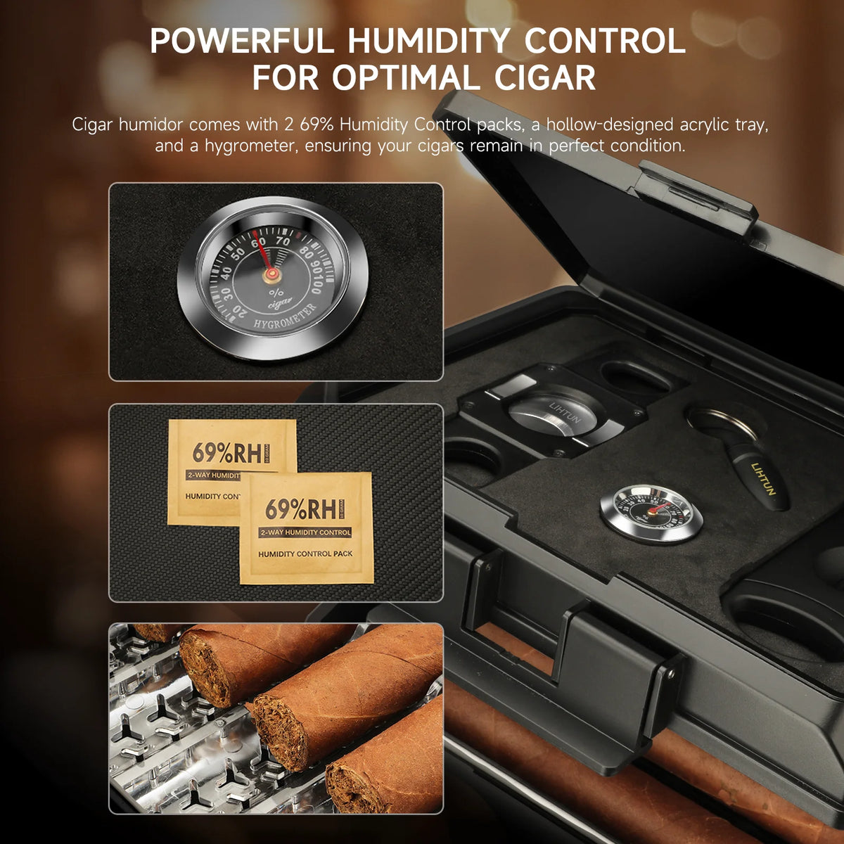 Travel Humidor Box Portable Cigar Case with Cutter and Lighter Holder
