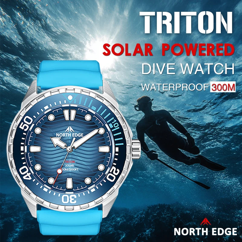 NORTH EDGE TRITON 2025 Solar Dive Watch Men 300M Waterproof Stainless Steel