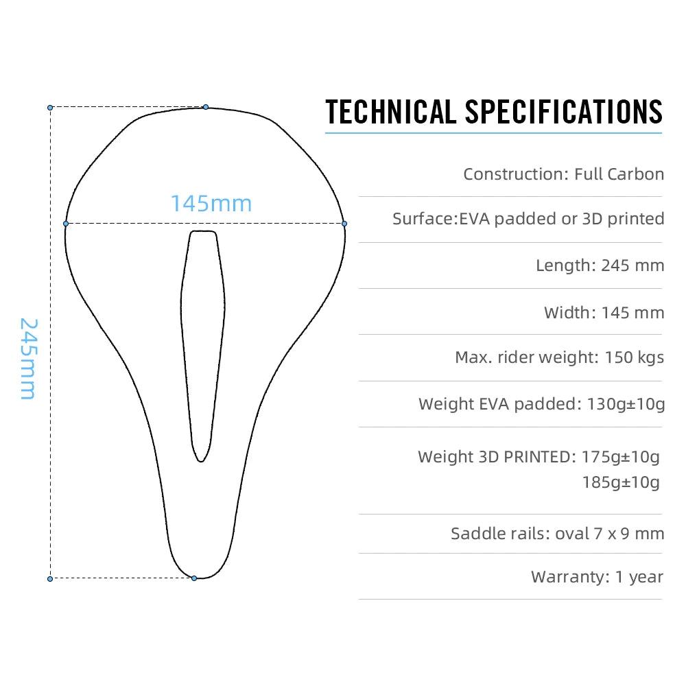 RYET 3D Carbon Saddle | 145/155mm MTB Triathlon Seat Lightweight 130g Oval