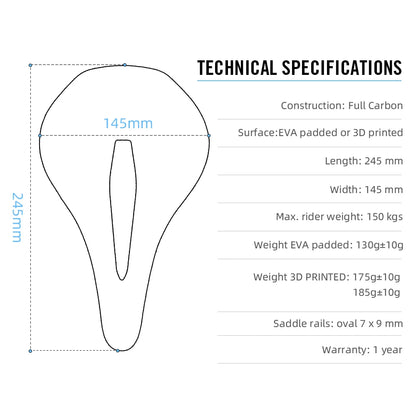 RYET 3D Carbon Saddle | 145/155mm MTB Triathlon Seat Lightweight 130g Oval