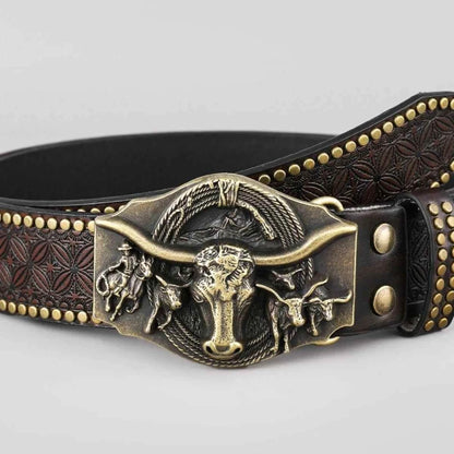 Buckle Cowboy Belt Western Bull Head Vintage Leather for Men Women