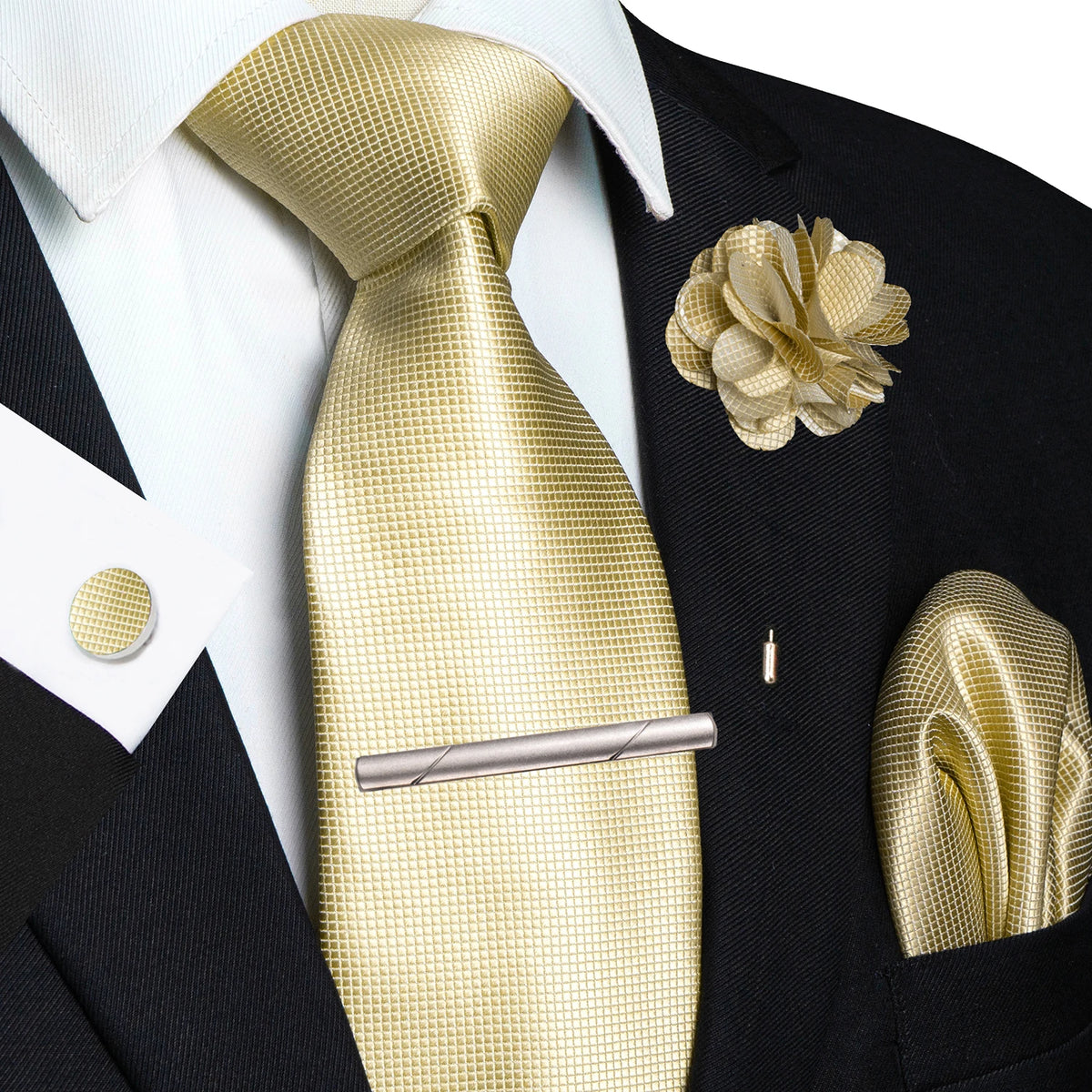 Men's Plaid Tie Clip Set with Pocket Square Cufflinks Wedding Accessories