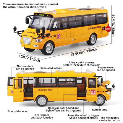 1:24 School Bus Toy, Die Cast Pull Back 9'' Model Cars, with Lights & Sounds, Openable Doors, Large Yellow Metal Toy Vehicle