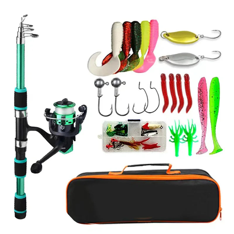 Spinning Reel Fishing Rod Telescopic Full Combo Kit with Baits Hooks Travel