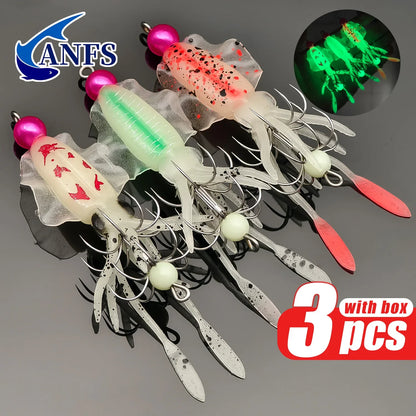 3pcs Squid Jig Hook Lures Luminous Fishing Bait for Shrimp Octopus Cuttlefish