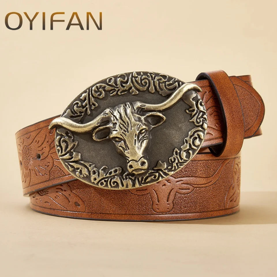 Cowboy Leather Belt Western Longhorn Bull Floral Engraved Buckle for Men