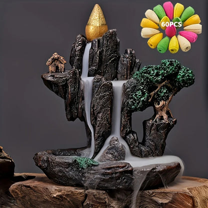 Backflow Incense Holder Waterfall Burner Ceramic Smoke Censer with 60 Cones