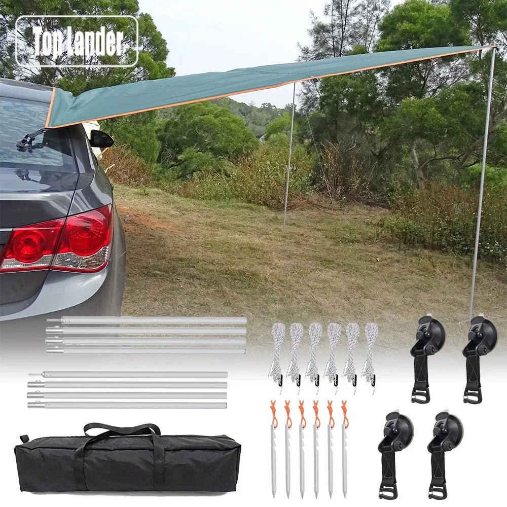 SUV Car Side Awning Waterproof Tarp with Poles Ropes Pegs Suction Cup Anchor