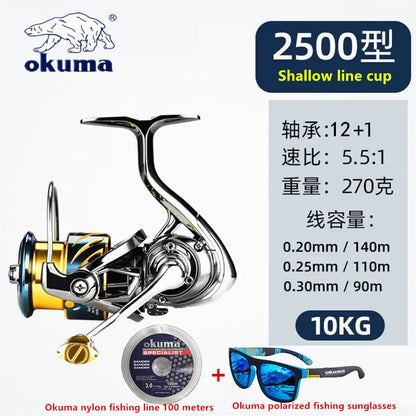 Okuma Fishing Reel 12+1BB Max Drag 15KG Spinning Reel 1000-5000 Size