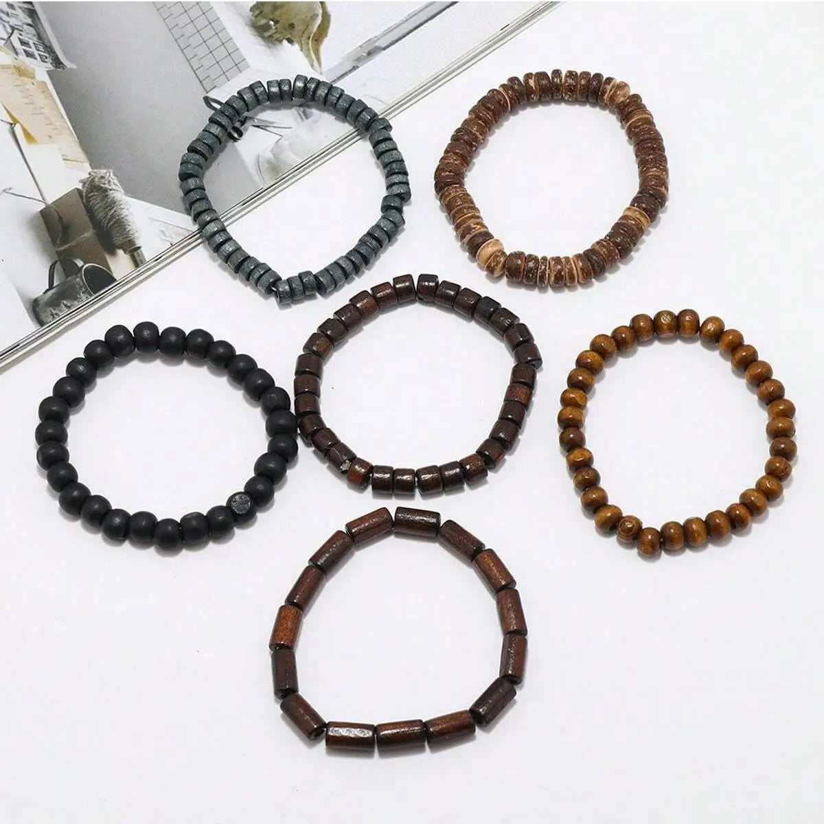 6PCS Wodeen Braided Wrap Leather Bracelet for Men Surfer Wristband Black Brown