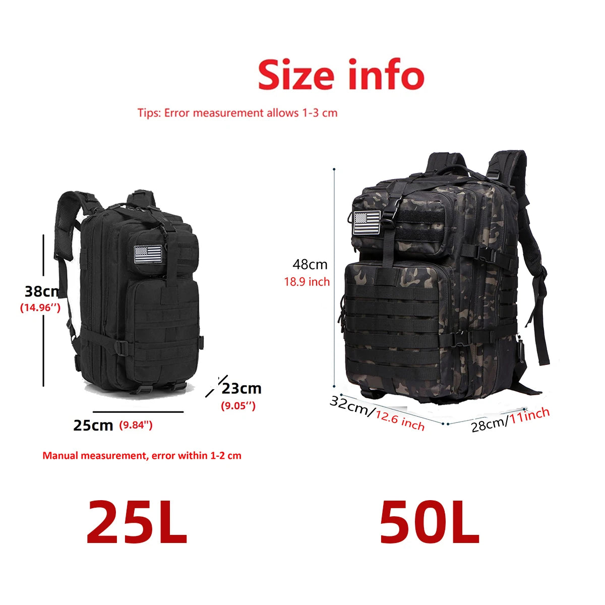 Waterproof Backpack Bag 25L/50L Tactical Outdoor Hiking Rucksack Camping
