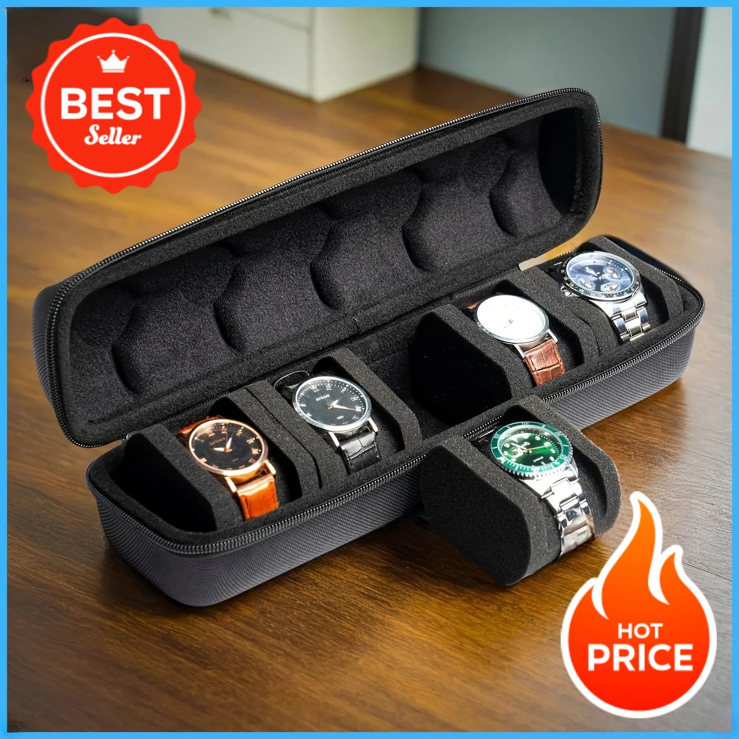 1pc Shell Travel Organizer Watch Case Hard Box with Pillow Insert Black