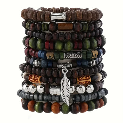 10Pcs Vintage Bohemia Men's Bracelets Stylish Leaves Wristwear Jewelry