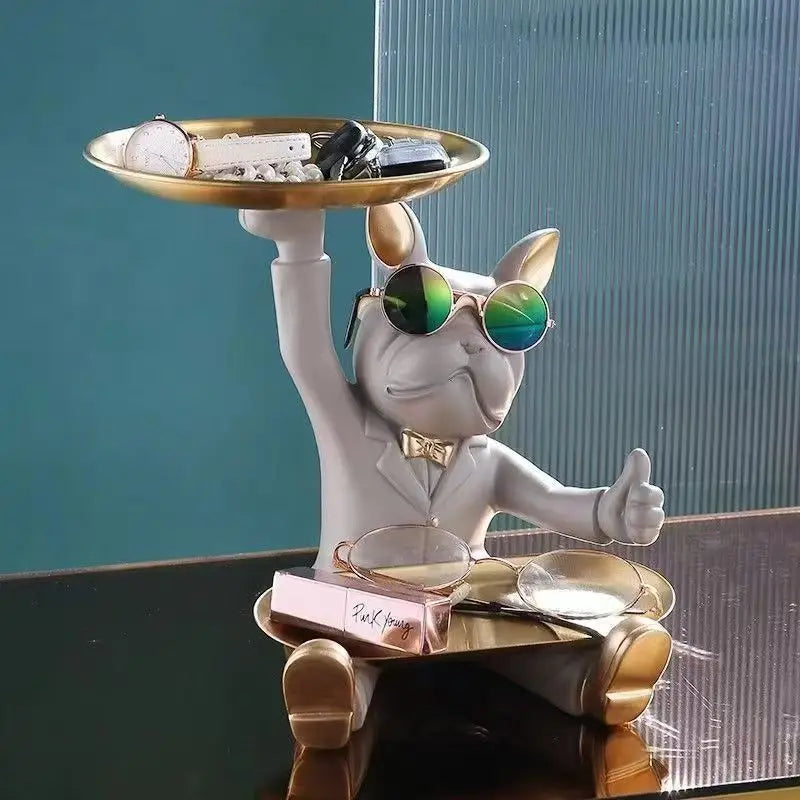 Resin French Bulldog Tray Statue Cool Dog Storage Bowl Home Office Desk Decor