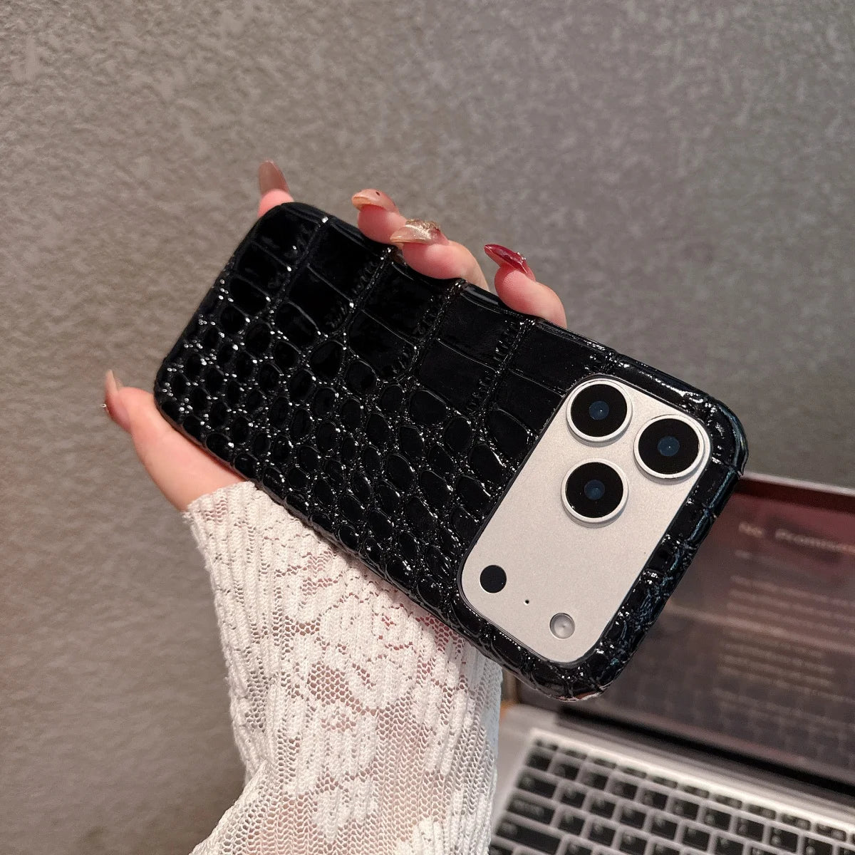 Glossy Crocodile Leather Case for iPhone 11-17 Air Pro Max Plus Frameless