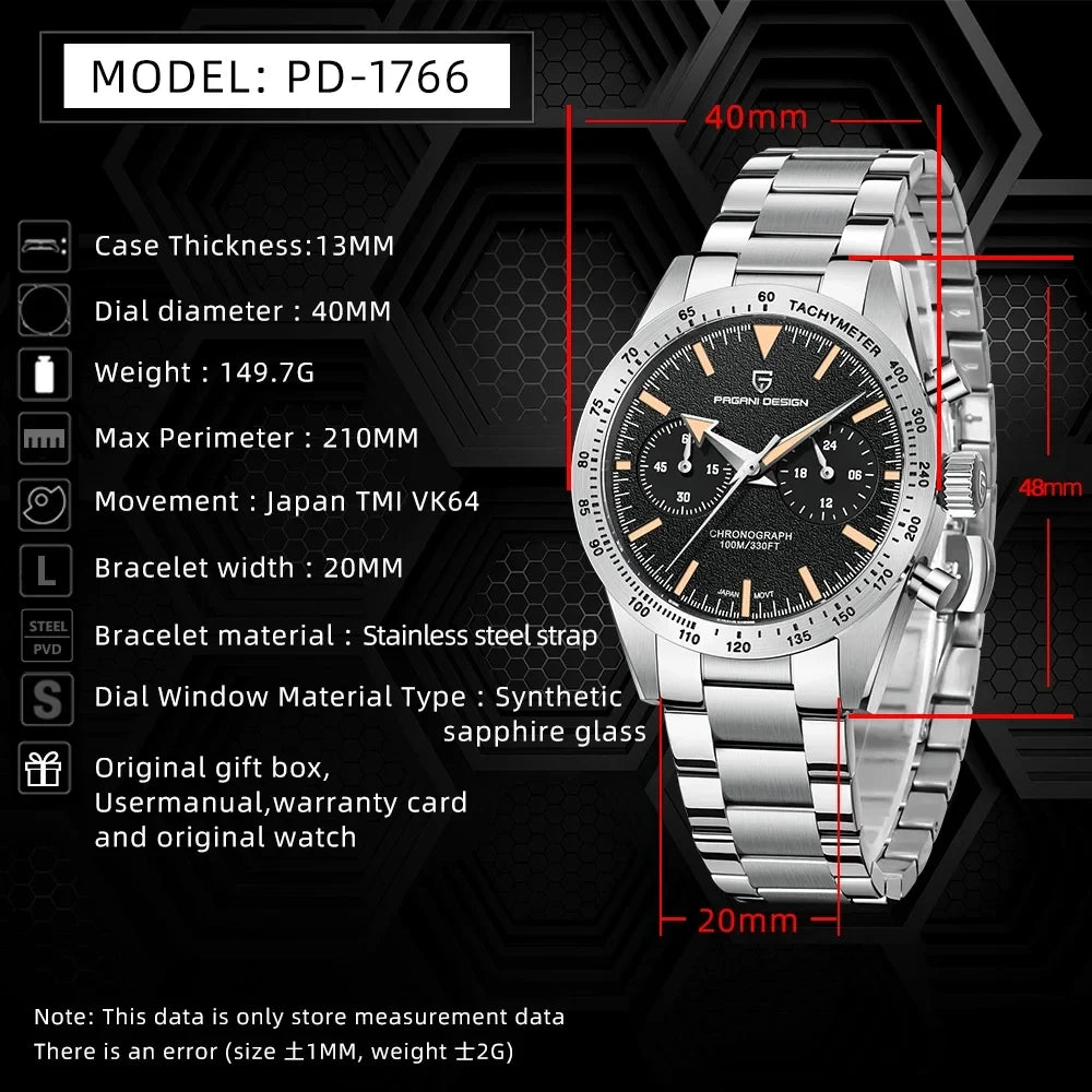 PAGANI DESIGN 2023 Mens watches Moon Quartz  Watch men speed Sport waterproof Chronograph AR Sapphire VK64 Steel Retro Luminous-EXPROTAS