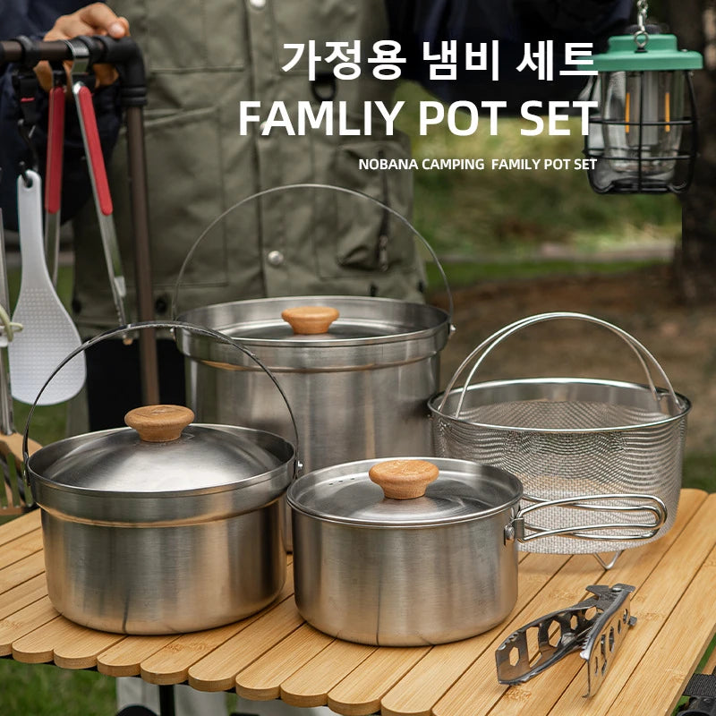 NOBANA Newest Outdoor Stainless Steel Pot Set Camping Family Pot Set 5L Portable Picnic Soup Pot Frying Steaming Household Pot-EXPROTAS