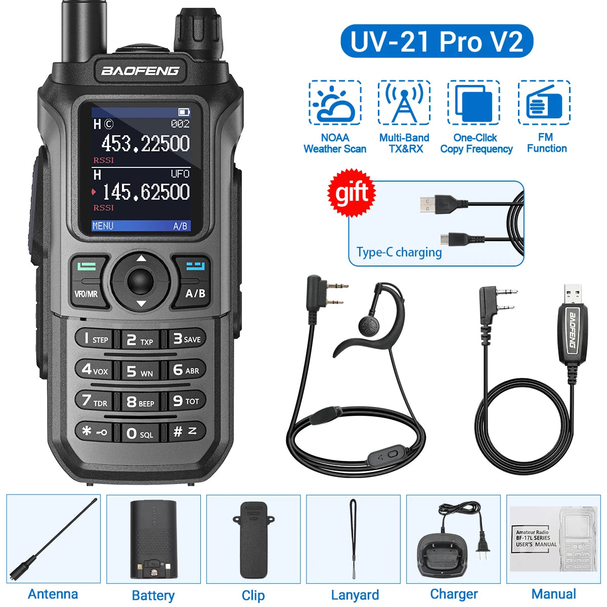 Baofeng UV-21 Pro V2 Wireless Copy Frequency Tri Band Powerful Waterproof Long Range UV-5R 22Pro S22 Type-C Two Way Radio-EXPROTAS