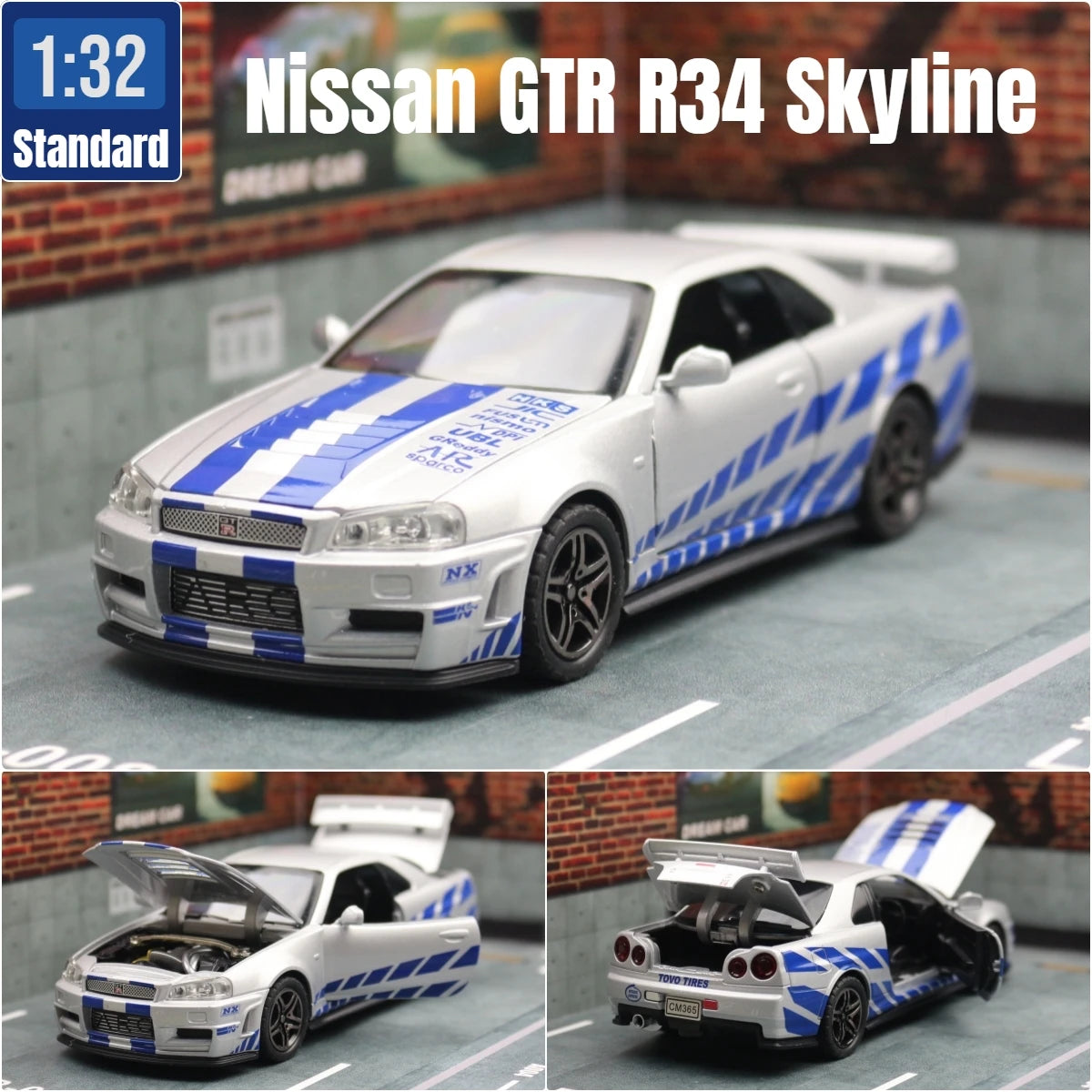 1/32 Nissan Skyline GTR R34 Diecast Model Car Sound Light JDM Toy Kids