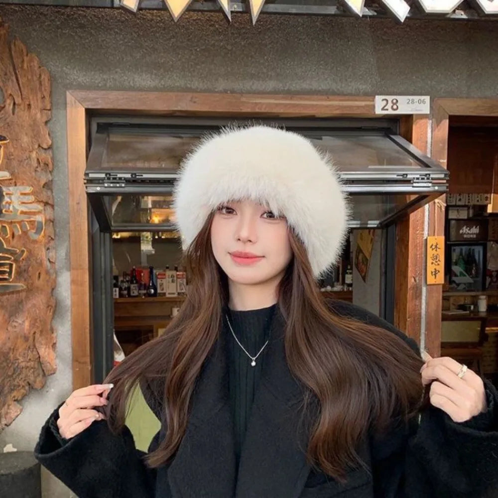 Fluffy Fur Bucket Hat Women Winter Warm Plush Fisherman Cap Thick