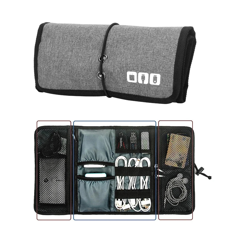 Electronic Organizer Cord Pouch, Travel Cable Charger Phone Accessories Bag Organizer Roll up Tech Carrying Case for USB Cables-EXPROTAS