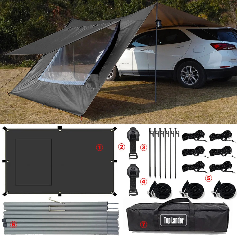 SUV Car Awning Tarp Tent w/ Mesh Skylight Waterproof Camping Sun Shelter