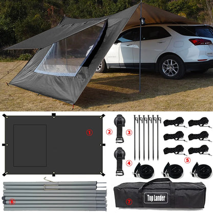 SUV Car Awning Tarp Tent w/ Mesh Skylight Waterproof Camping Sun Shelter